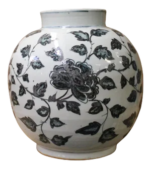 Chinese Gray Blue Off White Flowers Graphic Fat Round Ceramic Vase