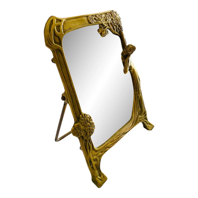 Art Nouveau Style Brass Vanity Mirror With Easel Stand For Sale