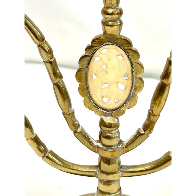 Pair Hollywood Regency Brass 5-Arm Candelabras With Carved Bone Medallions – Vintage Brass Candle Holders For Sale - Image 4 of 12
