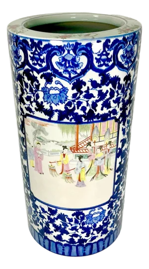 Antique Chinoiserie Hollywood Regency Flow Blue Porcelain Umbrella Stand