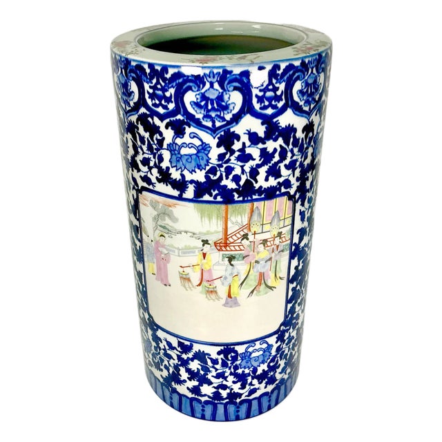 April Showers…Antique Chinoiserie Hollywood Regency Flow Blue Porcelain Umbrella Stand. For Sale
