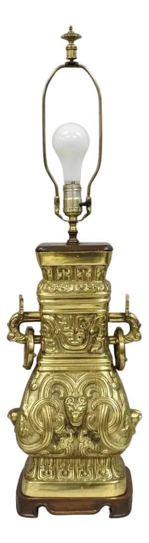 Vintage Chinese Figural Brass Bronze Wine Vessel Chinoiserie Hu Vase Table Lamp