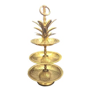 Mid 20th Century Hollywood Regency Brass Tiered Pineapple Serving Stand / Tray For Sale