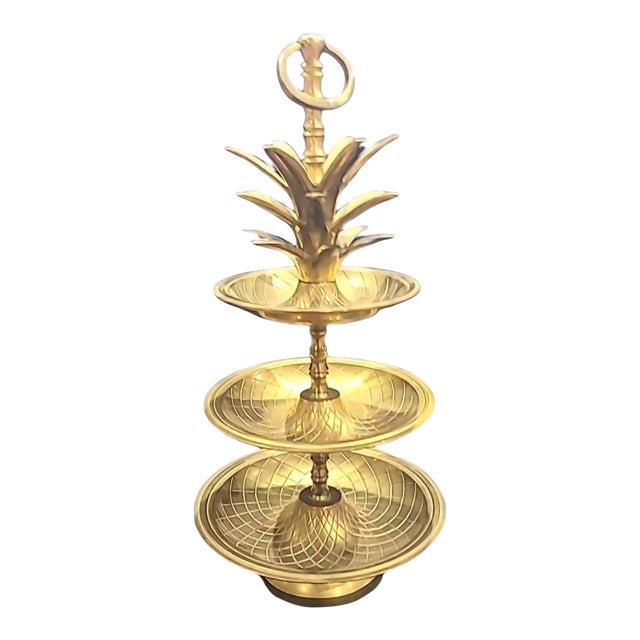 Mid 20th Century Hollywood Regency Brass Tiered Pineapple Serving Stand / Tray For Sale