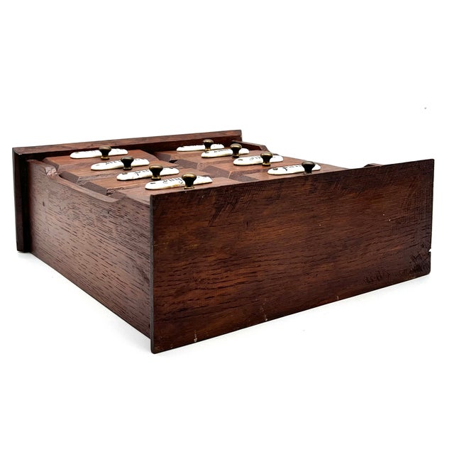 Antique Miniature Wooden Spice Cabinet with Porcelain Labels and 9 Drawers, 1960s For Sale - Image 10 of 14