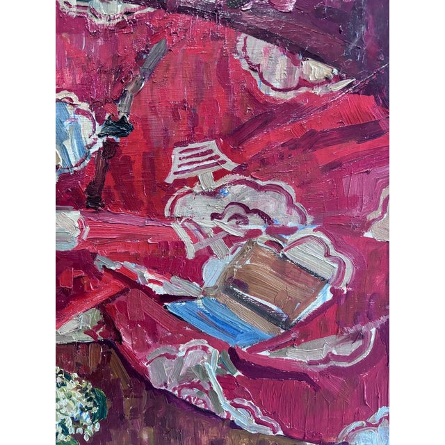 1970s Maya Kopitzeva, Still Life with Lilies of the Valley and a Red Tablecloth, 1979, Oil on Canvas For Sale - Image 5 of 11