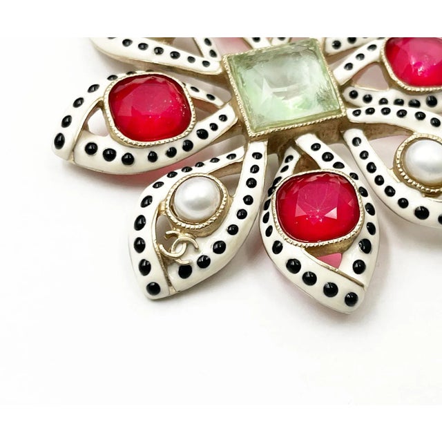 Contemporary Chanel White Black Polka Dot Red Gem Pearl Large Brooch For Sale - Image 3 of 5