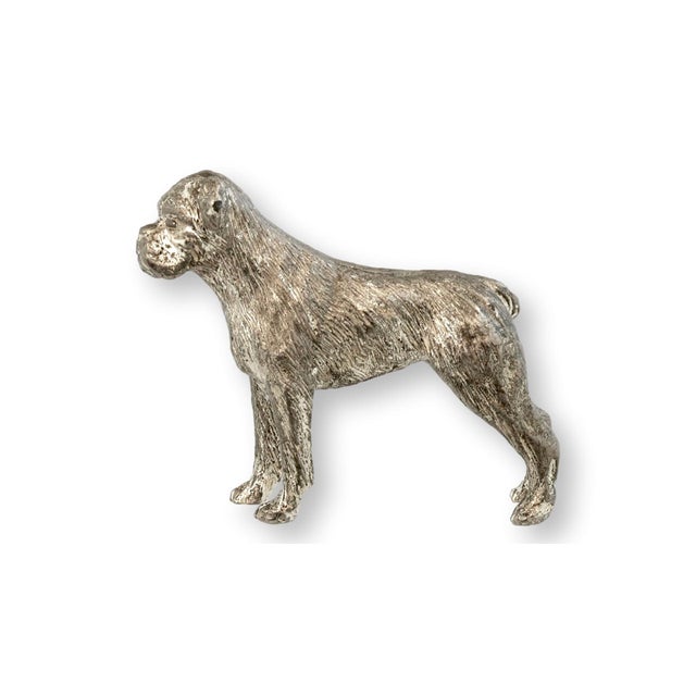 Midcentury English silver-plate boxer dog figurine featuring a finely modeled stance with textured fur detail and...