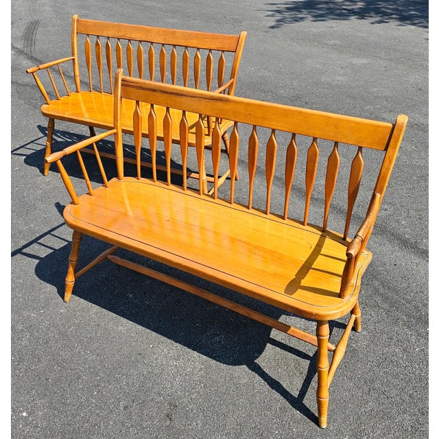 Traditional Pair of Vintage Maple Spindle Back Benches For Sale - Image 3 of 11