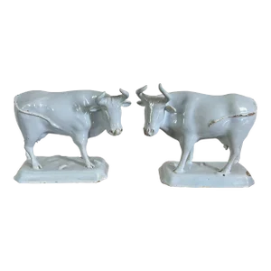 Antique 18th Century Dutch Delft Figures of White Cows - a Pair