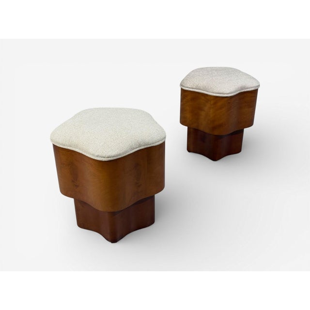 2020s Art Deco Style, Star Motif Footstools, Burlwood, Beige Linen, 21st C. For Sale - Image 5 of 10
