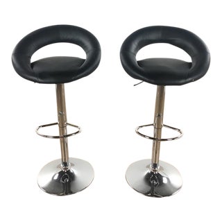 Round Black Contemporary Bar Stools - A Pair For Sale