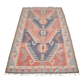 1970s Hand Woven Oushak Kilim Rug Flat Weave Wool Area Rug - 3′7″ × 5′9″ For Sale