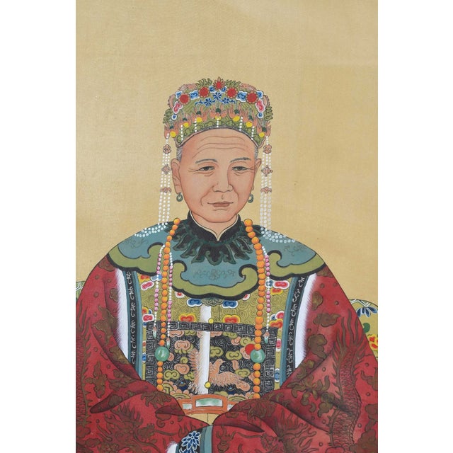 Pair Vintage Chinese Ancestral Painted on Silk Framed Portraits For Sale In Philadelphia - Image 6 of 8