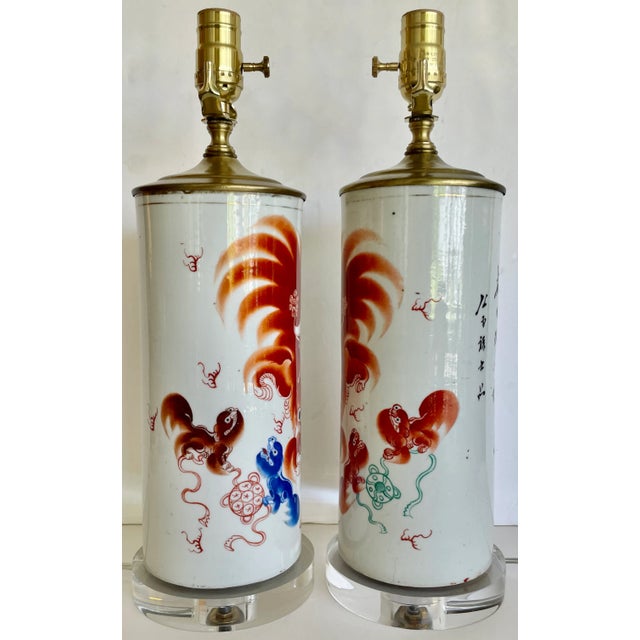 1960's Asian Hand Painted Ceramic Table Lamps on Lucite Bases/A Pair For Sale - Image 4 of 7