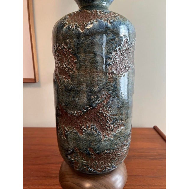 Vintage Mid Century Modern Brutalist 1960s Blue Ceramic Lava Glaze Table Lamp For Sale - Image 9 of 12