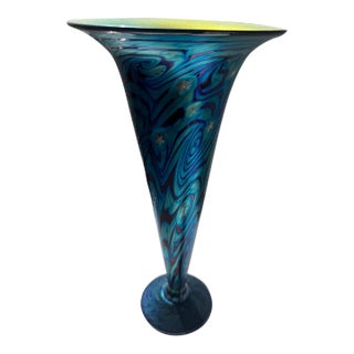 Lundberg Studios Art Glass Trumpet Vase — Blue Iridescent Swirl, 2000 For Sale