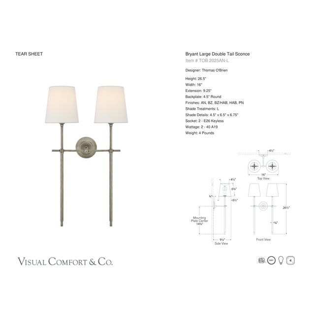 Modern Thomas O'Brien for Visual Comfort Signature Bryant Large Double Tail Sconce in Antique Nickel with Linen Shades For Sale - Image 3 of 4