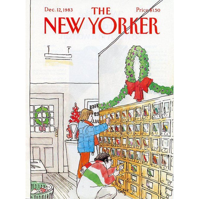 Original vintage New Yorker magazine cover dated December 12, 1983 featuring a Christmas theme. Cover art by Arthur Getz...