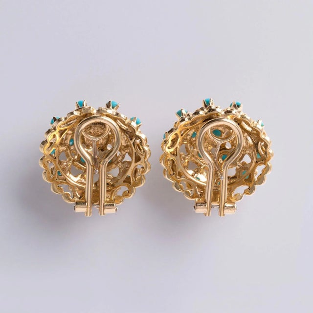 1950s 1950s Vintage Italian Turquoise Dome French Lever Back 18k Yellow Gold Earrings- 2 Pieces For Sale - Image 5 of 7