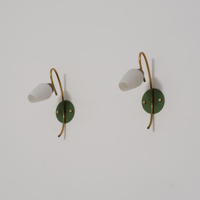Italian Brass and Green Lacquered and Opaline Glass Wall Sconces, 1950s, Set of 2 For Sale - Image 16 of 16