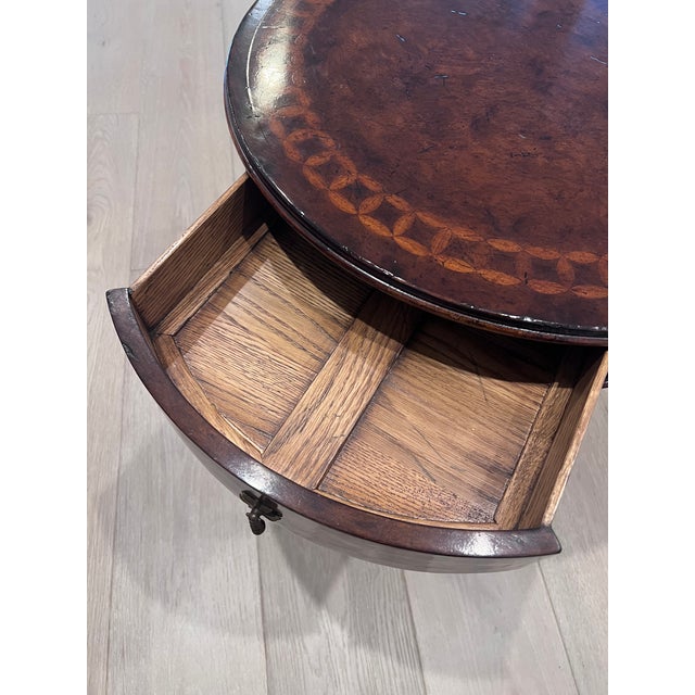 French Jonathan Charles Round Side Table Walnut Finish With Burl Veneers and Hand Cut Inlays For Sale - Image 3 of 9