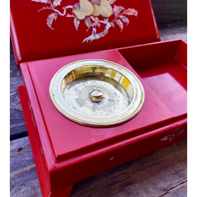Vintage Japanese Red Lacquer Smoking Box With Mother-of-Pearl Pomegranate Inlay, KBS-Tv Presentation Piece, 1963 For Sale - Image 9 of 12
