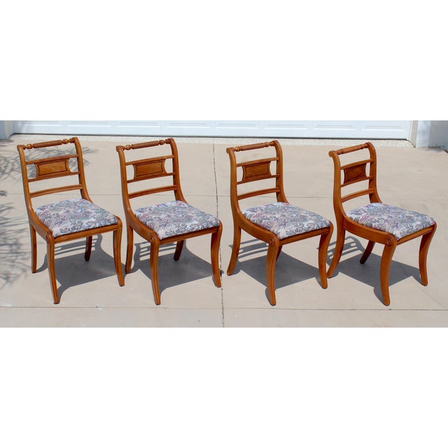 Set of 4 Vintage Federal Style Walnut Dining Chairs With Equestrian Hunt Scene Upholstery For Sale - Image 4 of 18
