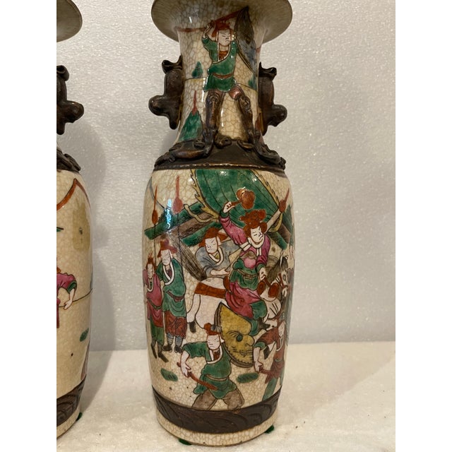 Pair of 19th Century Nanking Chinese Famille Verte Battle of 3 Kingdoms Vases, mounted as lamps. Decorated crackle glaze...