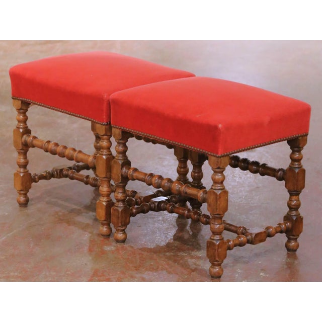 Late 19th Century Pair of 19th Century French Louis XIII Style Walnut Upholstered Stools For Sale - Image 5 of 13