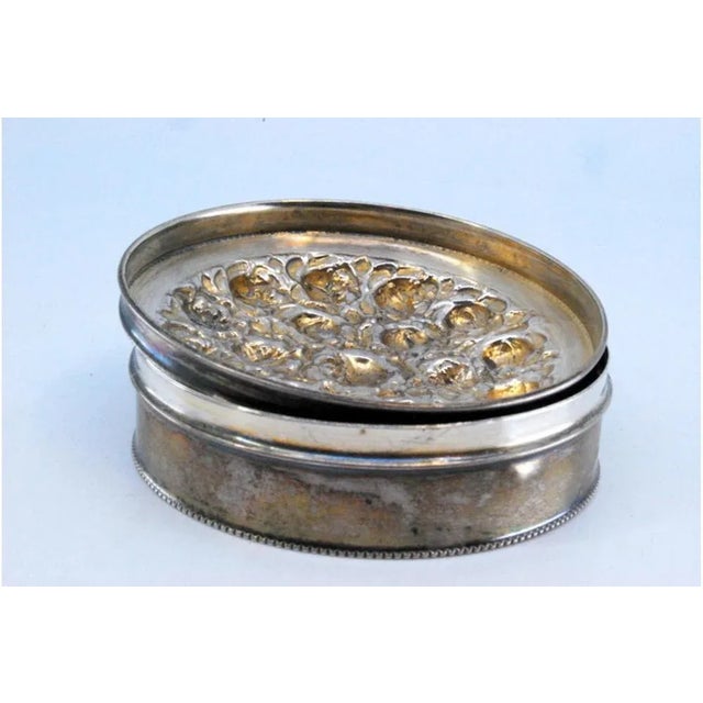 Metal Silver Box with Embossed Flowers on the Lid and Pearl Trim For Sale - Image 7 of 11