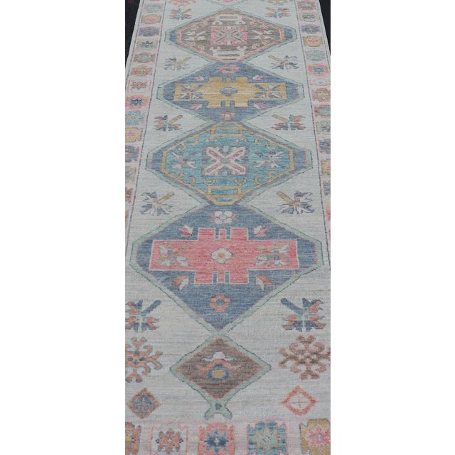 Colorful Modern Oushak Runner With Diamond Medallions and Multi-Tier Border For Sale - Image 4 of 12