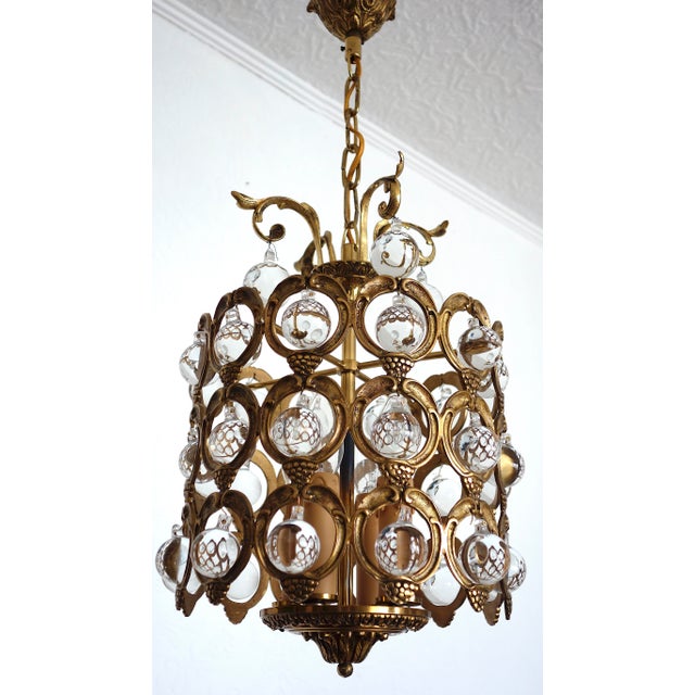 Antique French Brass and Crystal Ball 4-Light Chandelier, 1930s For Sale - Image 3 of 18