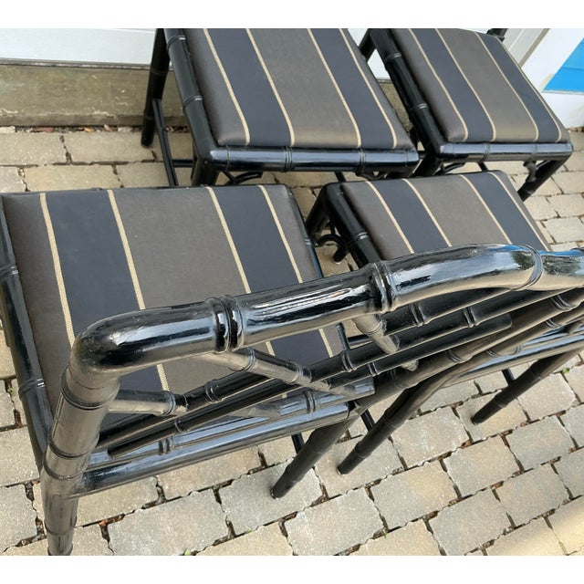 Set of 4 Vintage Black Laquer Chinese Chippendale Faux-Bamboo Dining Chairs For Sale In Providence - Image 6 of 12