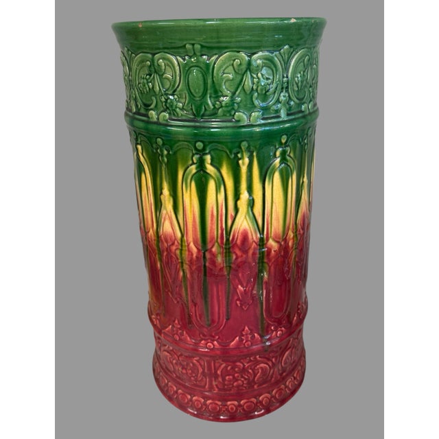 Ceramic Mid 20th Century Blended Majolica Multi Colored Drip Glazed Art Pottery 21.5" Umbrella Stand For Sale - Image 7 of 10