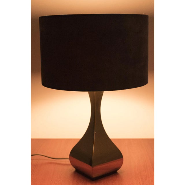 Beautiful vintage table lamp made of brass. The lamp has been fitted with a new gray velvet shade. Has some traces of use...