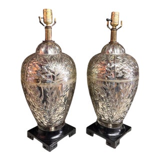 Vintage Silvered Glass Botanical Table Lamps on Chinoiserie Bases - a Pair For Sale