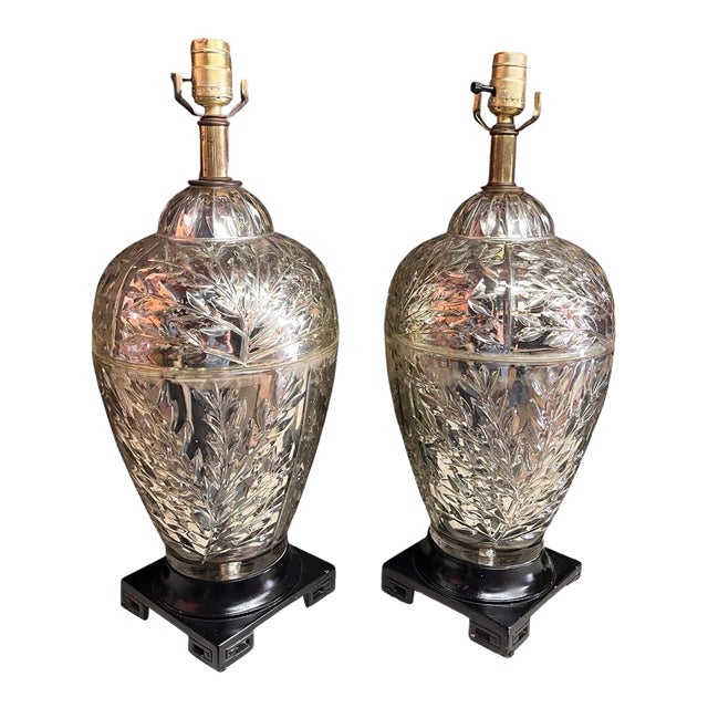 Vintage Silvered Glass Botanical Table Lamps on Chinoiserie Bases - a Pair For Sale