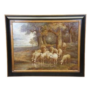 Assteyn Sheep Grazing Countryside Landscape OIl Painting on Canvas 49"