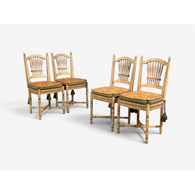 Traditional Regency, Four Dining Chairs, Painted Wood, Straw, Fabric, Usa, 1940s For Sale - Image 3 of 15