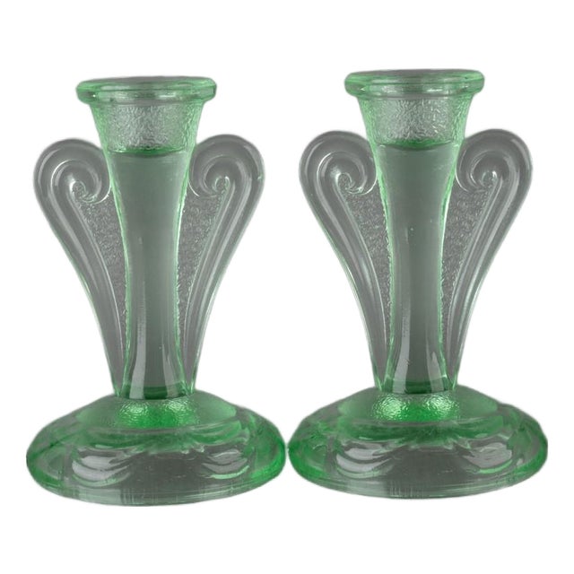 Antique Art Nouveau Uranium Glass Candleholders, Set of 2 For Sale