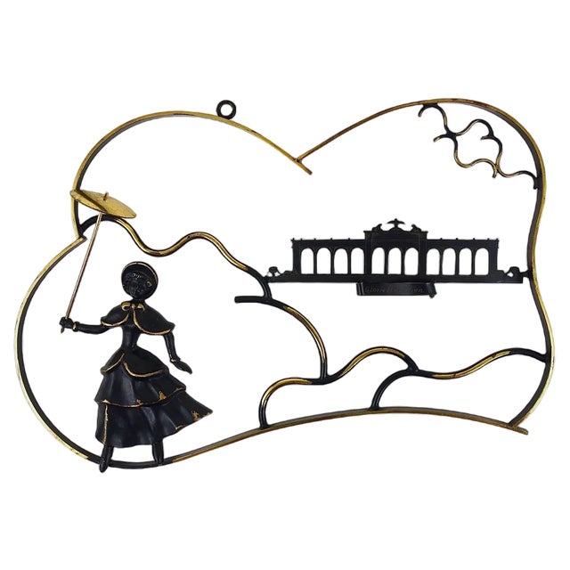 Brass Mural of Woman in Biedermeier Dress by Walter Bosse, Austria, 1950s For Sale