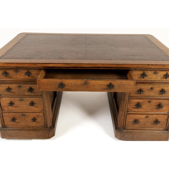 Large Antique English Oak Partners Desk, 1800s For Sale - Image 6 of 10