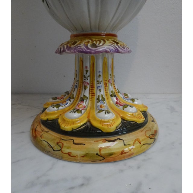 Renaissance Style Hand-Painted Majolica Vase with Flowers and Dragon-Shaped Handles from Nove Bassano, Italy, 1950s For Sale - Image 4 of 17