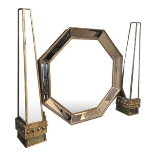 1990s Hollywood Regency Mirror With Pair of Mirror Obelisks - 3 Piece Set For Sale