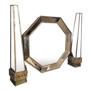 1990s Hollywood Regency Mirror With Pair of Mirror Obelisks - 3 Piece Set For Sale