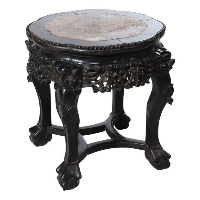 Antique Chinese Foliate Carved Rosewood Rouge Marble Top Stand C1920 For Sale