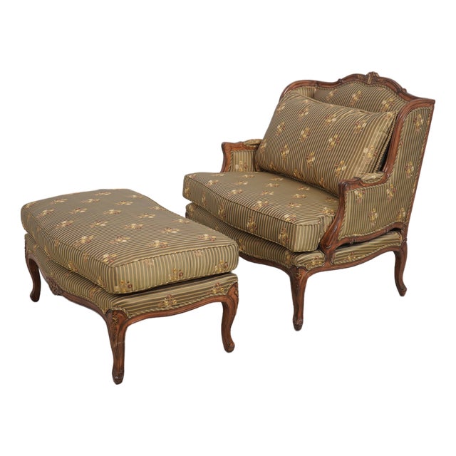 Austoria French Louis XV Wide Seat Bergere Chair W. Ottoman For Sale