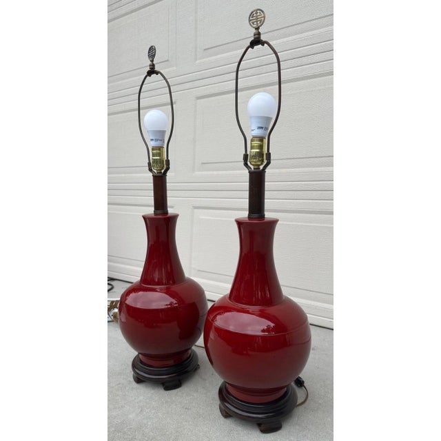 Pair of Vintage Chinese Oxblood Red Glazed Ceramic Table Lamps – 33.5" For Sale - Image 11 of 18