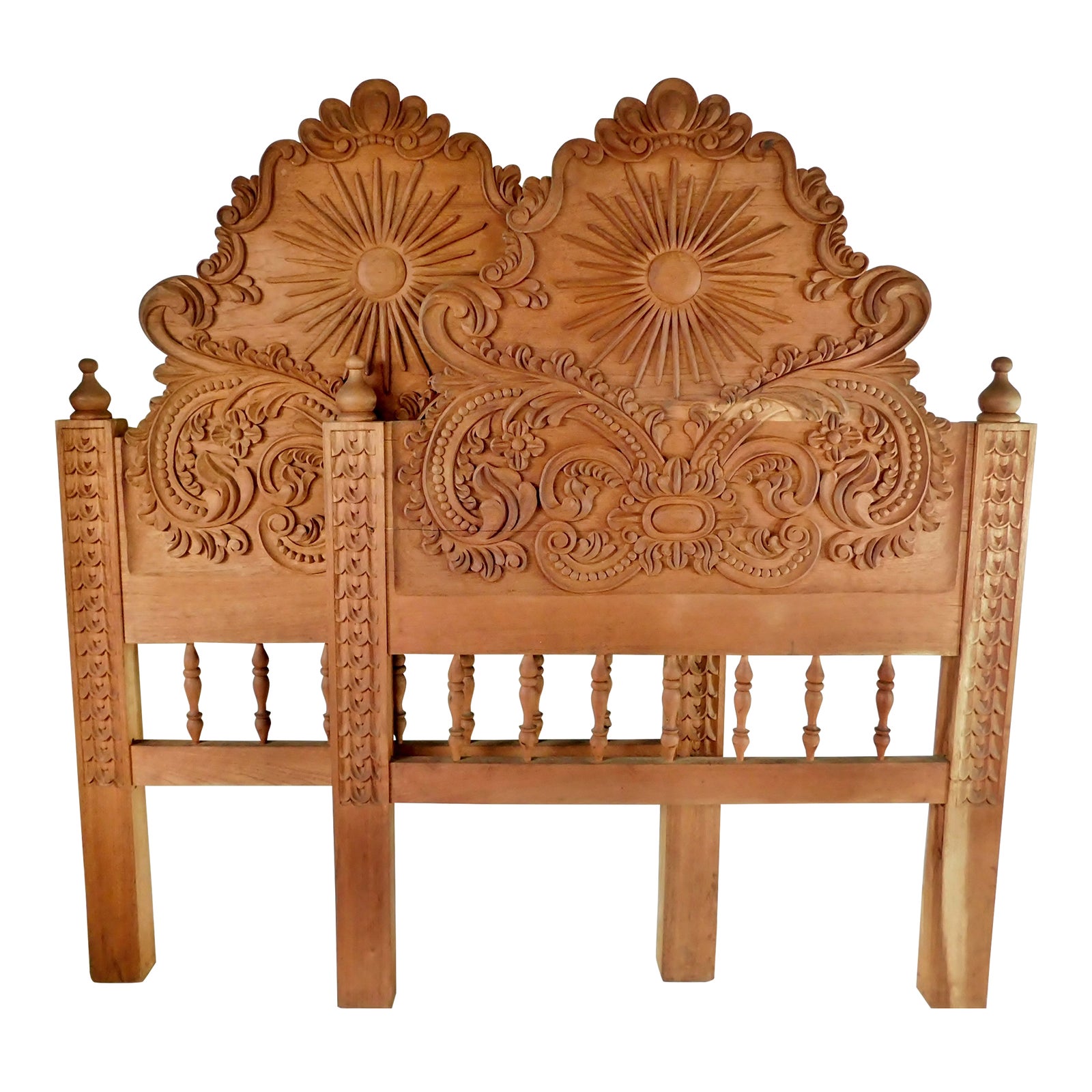 Vintage Mid Century Solid Wood Heavily Carved Sunburst Twin Headboards